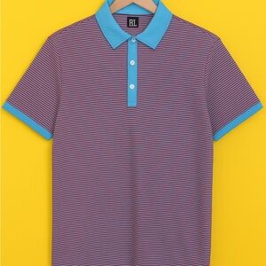 FootJoy Golf Men's Striped Rugby Polo, Cotton Candy Red/Blue Size  S